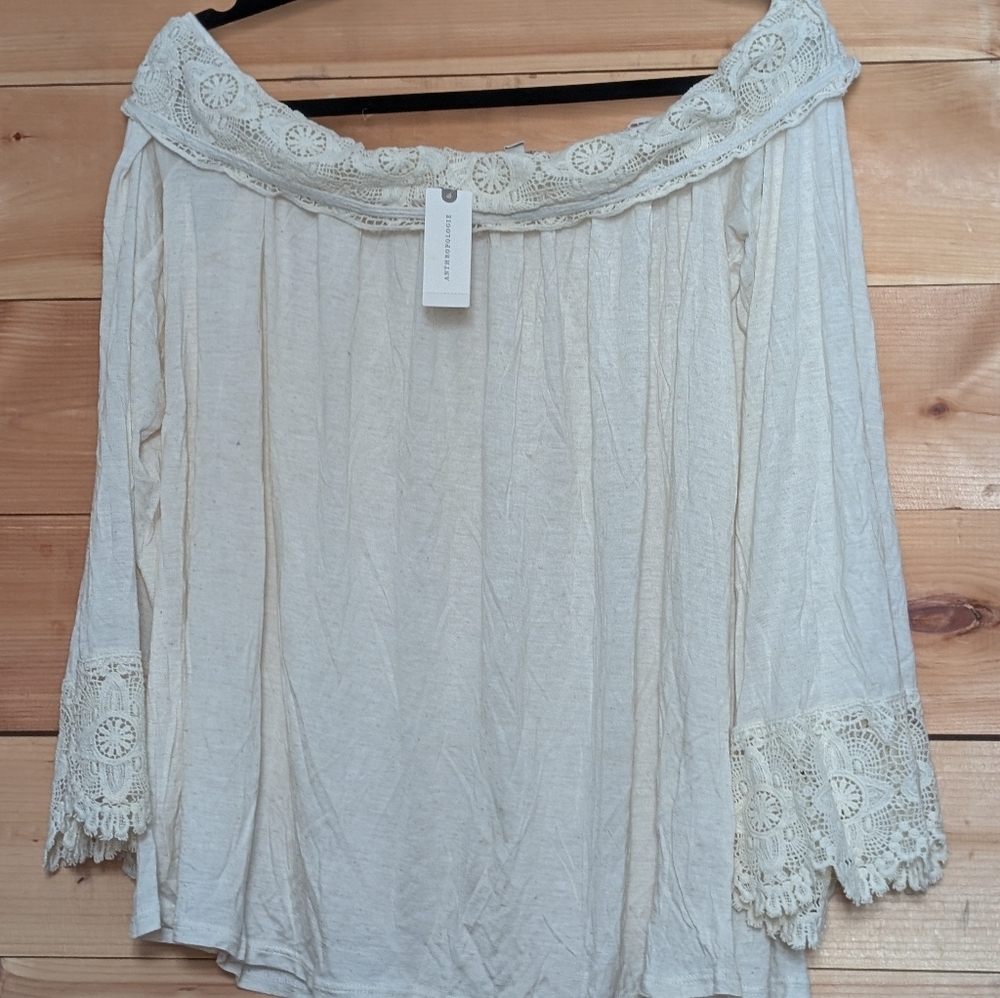 Anthropologie Ari+Ali Women's Cream Lace Trim Off-Shoulder Top